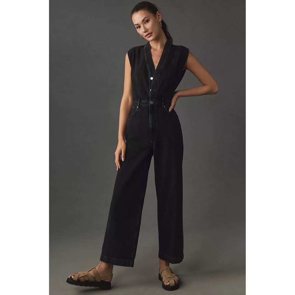 Etica Black Denim Sleeveless Wide Leg Jumpsuit Sleeveless Vest Romper Small NWOT